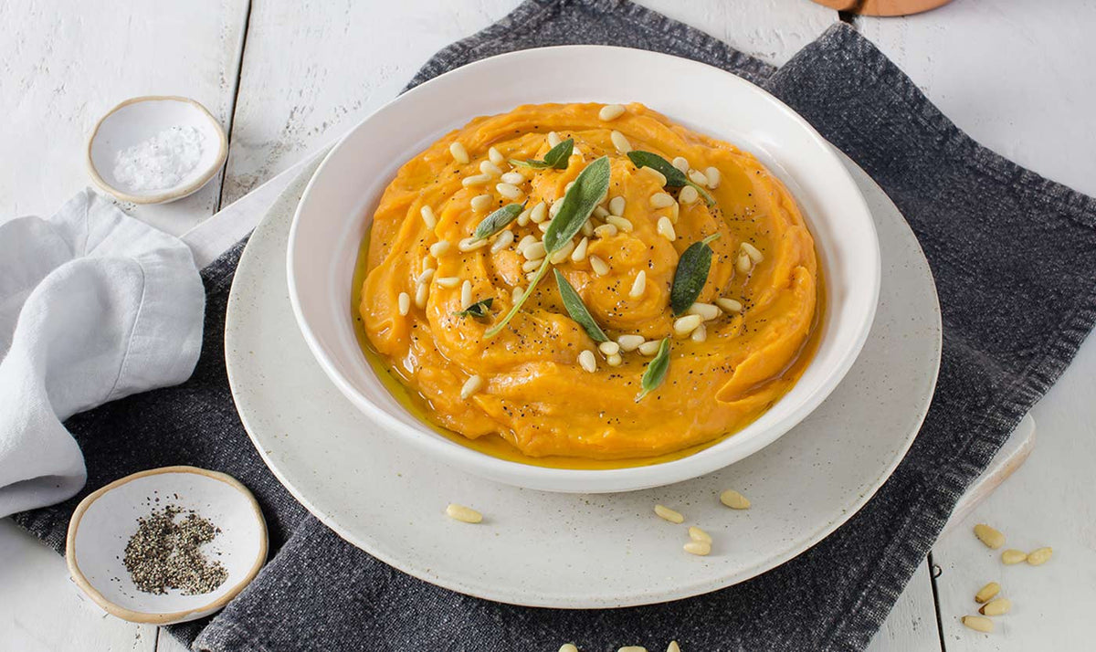 Luxury sweet potato mash with olive oil and sage crisps