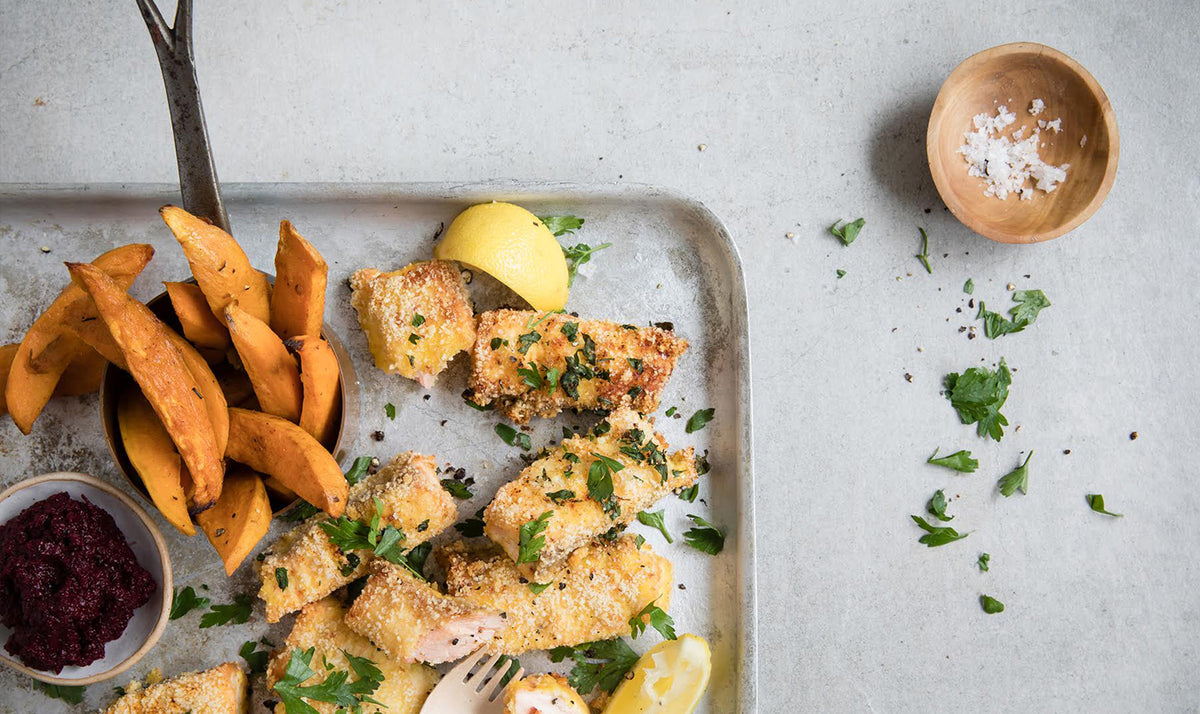 Modern food stories salmon fish sticks with beetroot dip