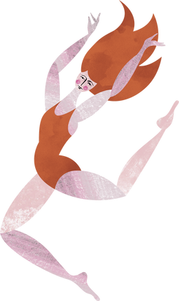 Illustration of a lady with big wavy orange hair in a leotard jumping with her hands up