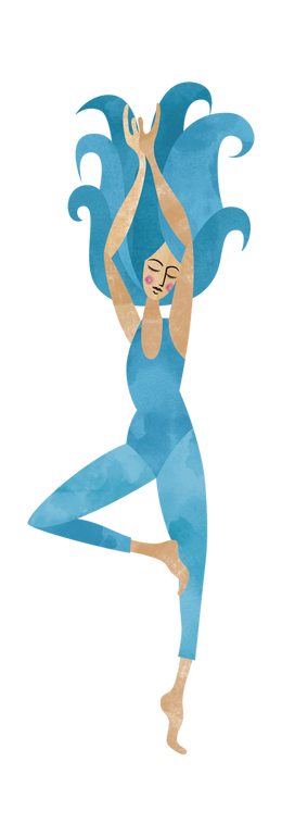 Illustration of a lady with big wavy blue hair in a leotard standing on 1 leg doing a yoga pose