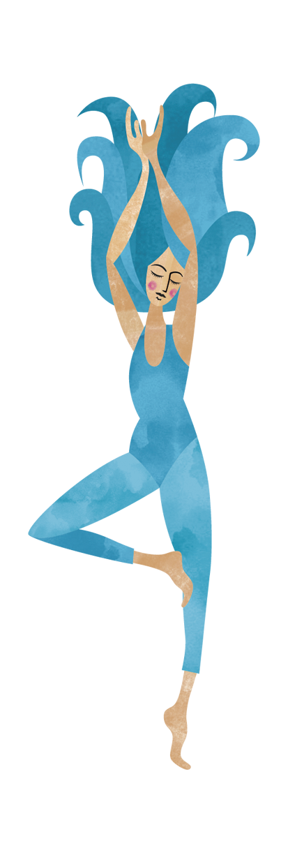 Illustration of a lady with big wavy blue hair in a leotard standing on 1 leg doing a yoga pose