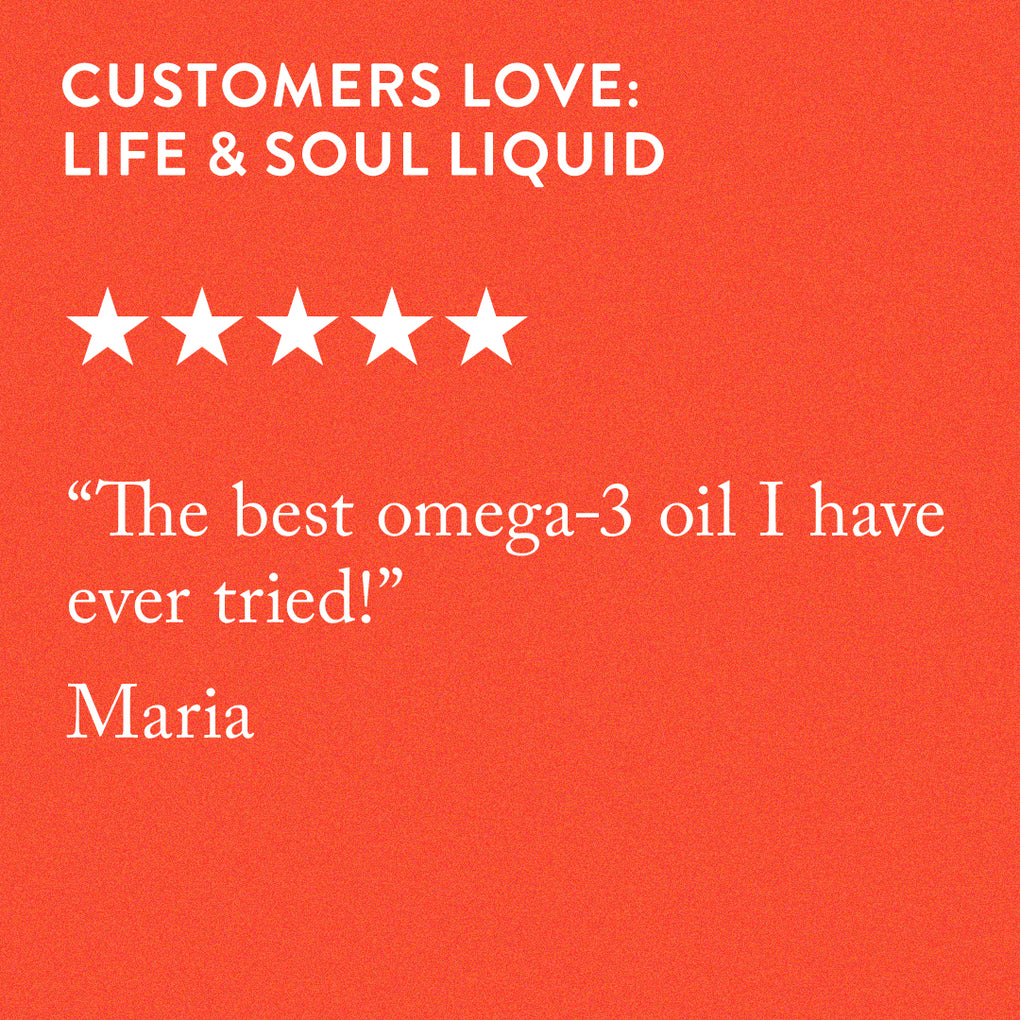 5 star quote on an orange background: the best omega-3 oil I have ever tried, by Maria. 