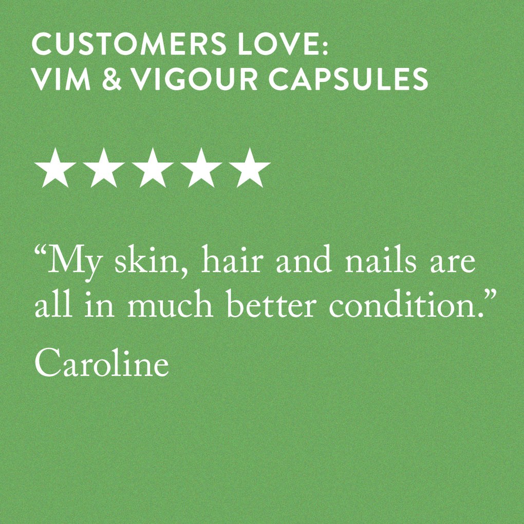 5 star customer review for bare biology's vegan omega-3 capsules: My skin, hair and nails are in a much better condition. 