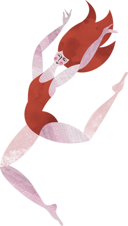 Illustration of a lady with big wavy red hair in a leotard jumping with her hands up