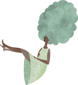 Illustration of a lady with big green hair relaxing with her feet up