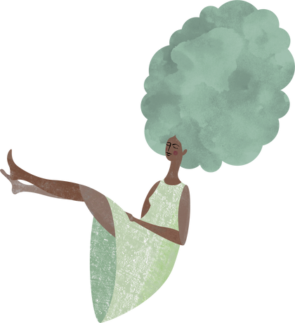 Illustration of a lady with big green hair relaxing with her feet up