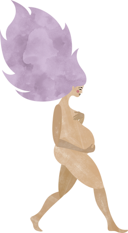 Illustration of a naked pregnant lady with big purple hair walking and holding her bump.