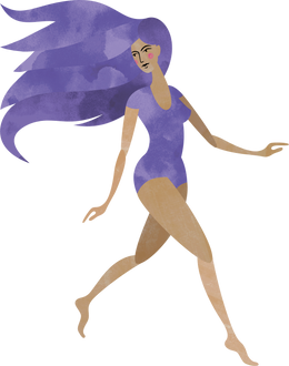 Illustration of a lady with big wavy purple hair in a leotard walking