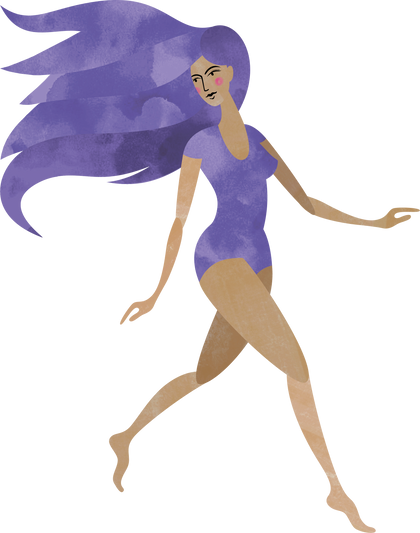 Illustration of a lady with big wavy purple hair in a leotard walking