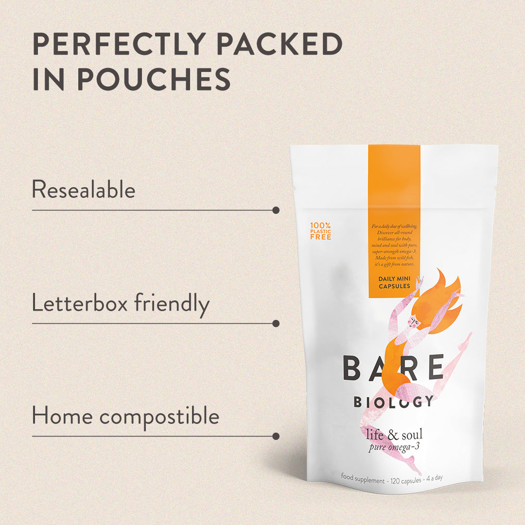 Bare Biology omega-3 mini capsule pouch pack with the benefits listed next to it: Resealable, letterbox friendly and home compostible.