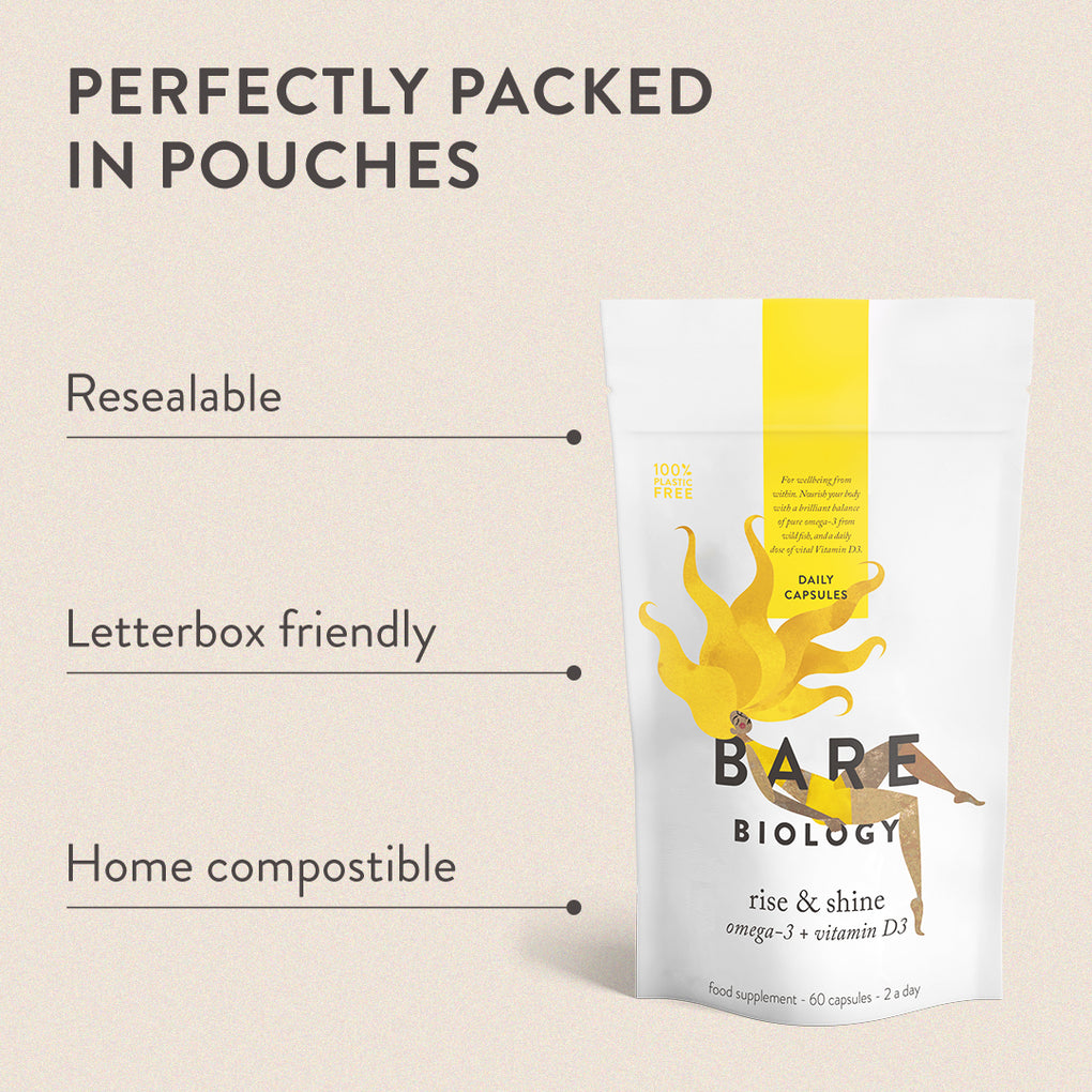 Bare Biology pouch benefits listed next to a pouch of Rise & Shine omega-3 + vitamin D capsules. Resealable, Letter box friendly, Home compostible. 