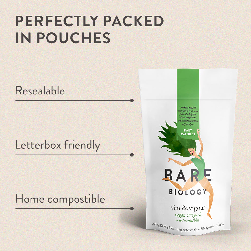 bare biology vegan omega-3 capsule pouch with pouch benefits listed to the left: Resealable, letterbox friendly, home compostible.