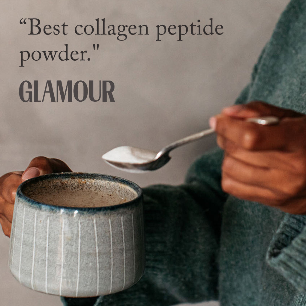 Bare Biology Glamour press mention with a woman holding a cup of coffee and spoonful of collagen powder 