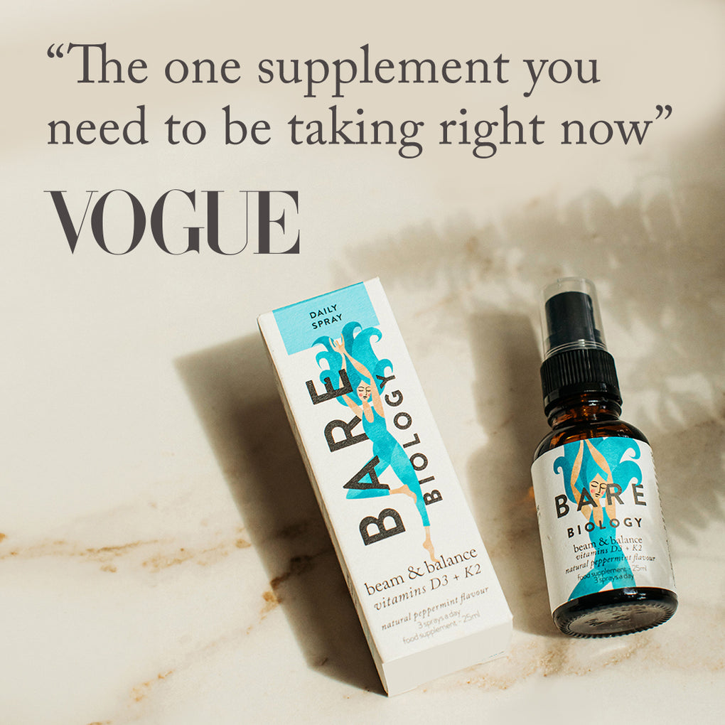 Bare Biology Vitamin D + K2 spray on a marble surface and Vogue press mention above