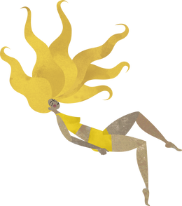 Illustration of a lady with big wavy yellow hair like the sun lying back and relaxing