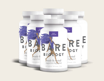 Pack shot of a jar of Bare Biology's 6-pack bundle of magnesium capsules Ready & Rested.