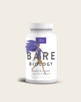 The white bottle of Bare Biology Magnesium Glycinate Capsules, designed for easy absorption to support the nervous system, features a label with an illustration of a woman running with flowing purple hair. It contains 180 capsules, with a recommended intake of 3 per day.