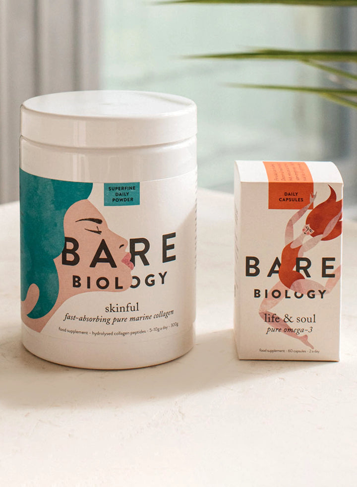 bare biology skinful marine collagen and life and soul daily omega-3 capsules on a white table