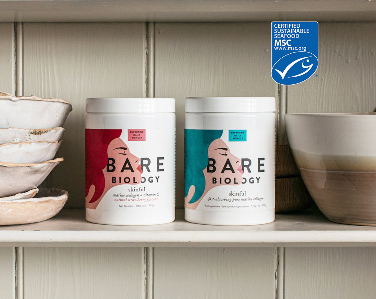 bare biology skinful collagen range on a shelf with msc logo