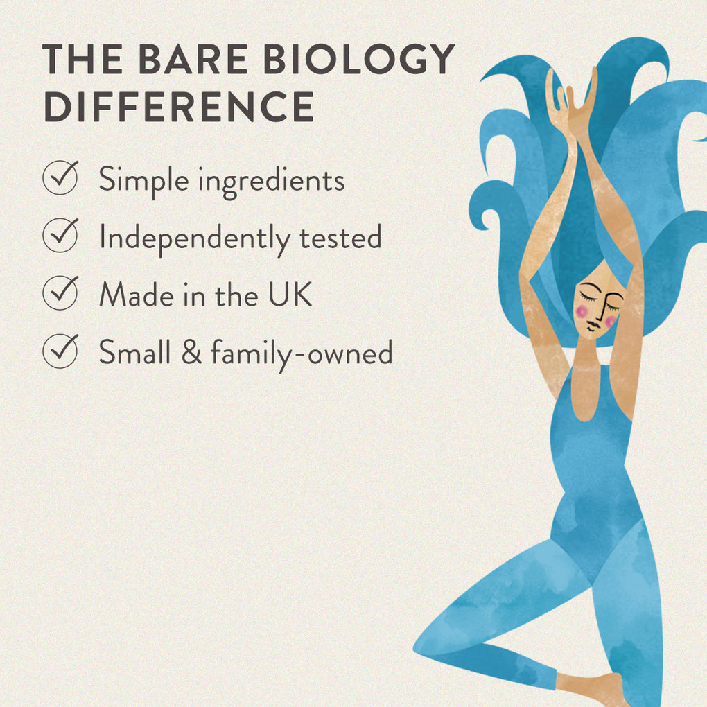 tick list of why bare biology is different with an illustration of a blue lady in a yoga pose 