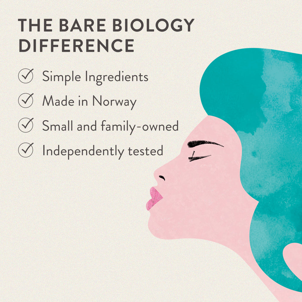 tick list of bare biology selling points next to their skinful collagen illustration of a womans face