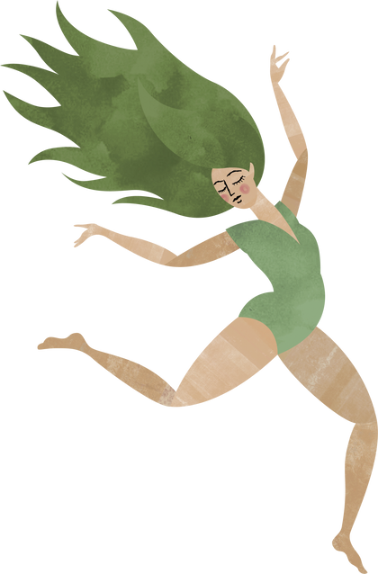 Illustration of a lady with big wavy green hair leaping with her hands up