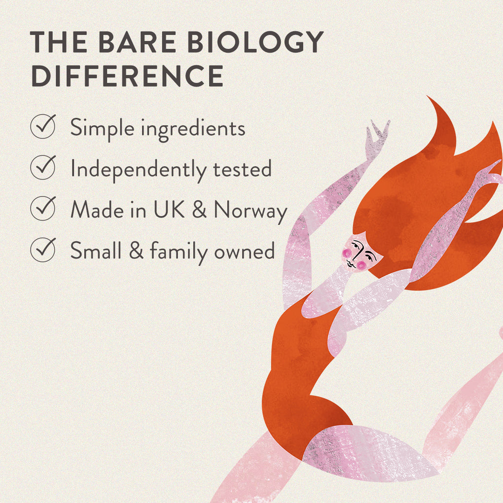 illustration of a dancing lady with orange hair next to the bare biology difference ticks. Simple Ingredients, independently tested, made in UK & Norway and small family owned. 