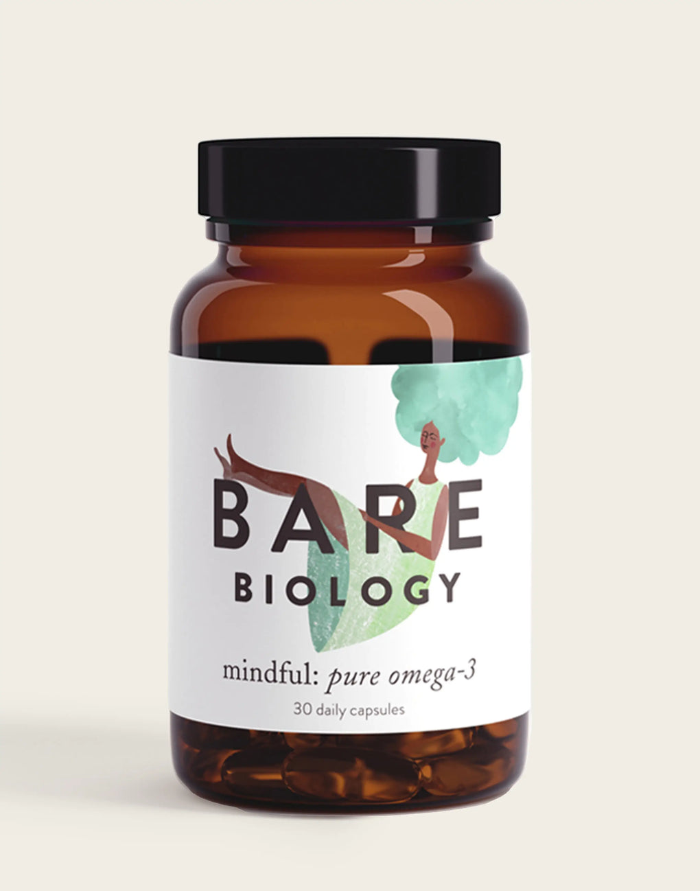 A brown bottle with a black cap, labeled “Bare Biology,” contains 30 daily Pure DHA Omega-3 Capsules. The label features a person reclining among green foliage, emphasizing the DHA-rich formula for enhanced wellness.