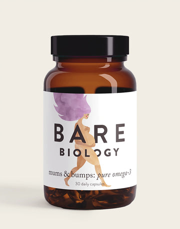 bare biology mums & bumps omega 3 fish oil supplement for pregnancy bottle shot on white background